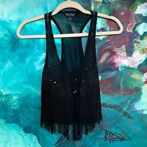 Sheer embellished Black Fringe Tank Top